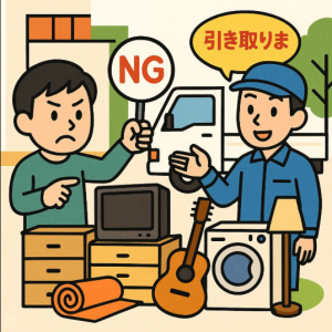 回収の決定をせかしてくる業者を指して、NGの札を掲げている男性