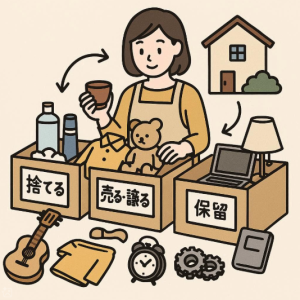 回収してほしいものを「捨てる」「売る・譲る」「保留」に分けている主婦
