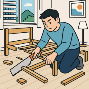 いらないベッドフレームをのこぎりで解体している様子