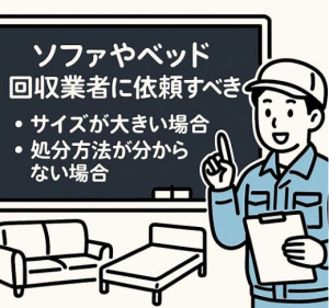 ソファ・ベッド回収を業者に頼むべきケースについて、黒板の前で日本語で解説している不用品回収業者